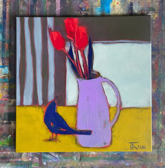 Thrush and tulips.