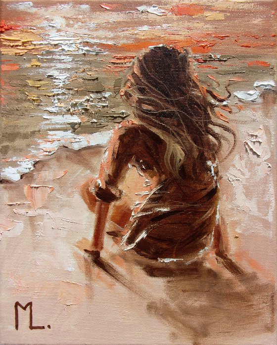 " LONELY SUNRISE ... " SUN SKY SEA SAND liGHt  ORIGINAL OIL PAINTING, GIFT, PALETTE KNIFE