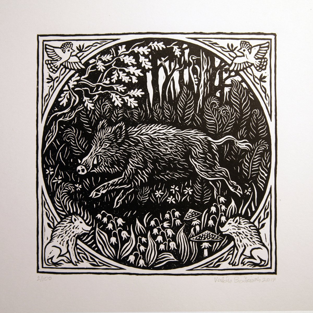 Hog, boar linocut print. by Valdis Baskirovs