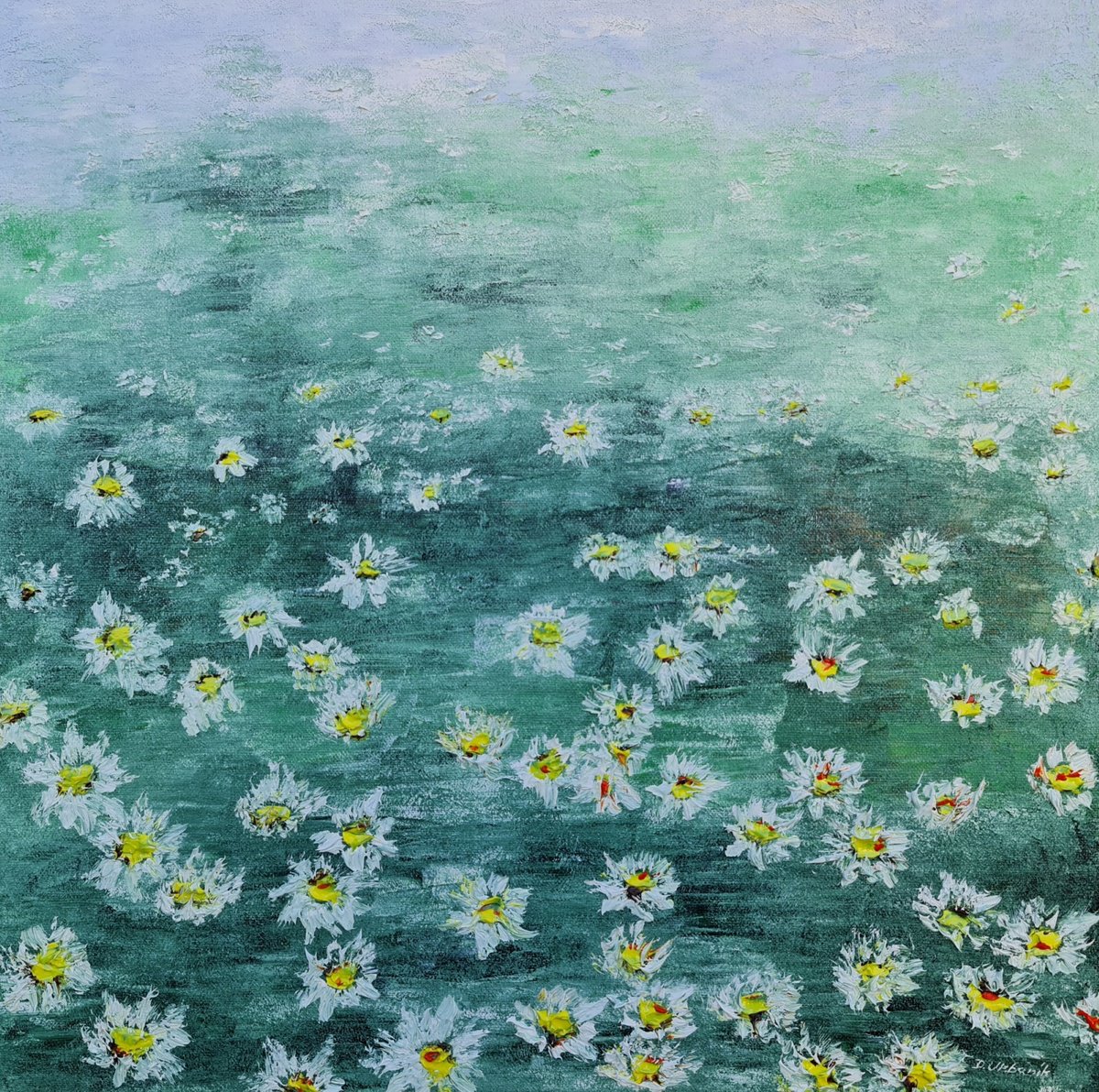 Impressionistic Botanical Oil Painting By Daniel Urbani?k, 16 X 16, Daisies 2, Original Artwork