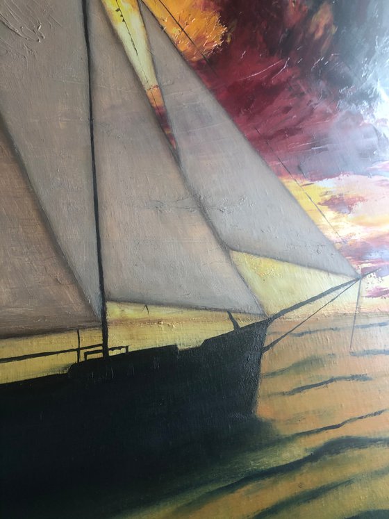 Ship in the sunset, 70x100 cm