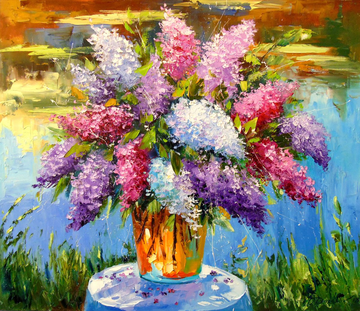 Impressionistic Botanical Oil Painting By Olha Darchuk, 28 X 24", Bouquet Of Lilacs, Original Artwork