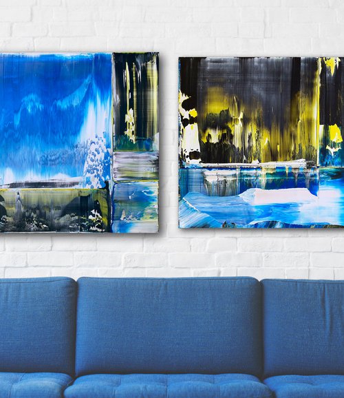 "Cold Front" - Save As A Series - Original PMS Abstract Acrylic Painting Diptych On Recycled Wooden Desk Panels - 54" x 26" by Preston M. Smith (PMS)