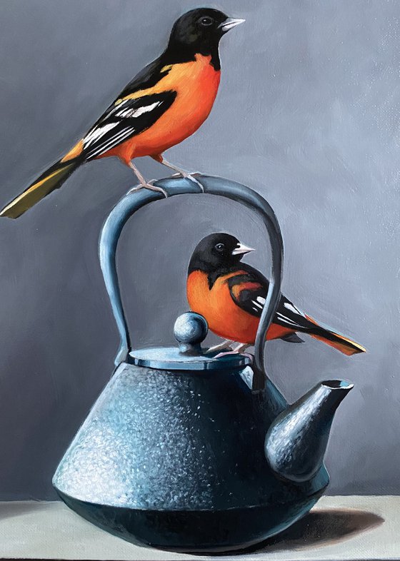 Still life with birds and kettle (24x35cm, oil painting, ready to hang)