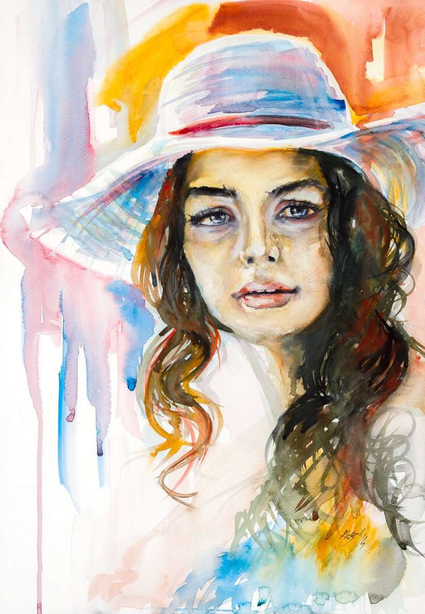 Expressive Portrait Watercolour By Kovacs Anna Brigitta, 14 X 20", Girl With Hat, Original Artwork