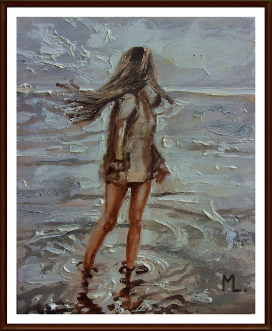 MONIKA LUNIAK " REFLECTION ... " original painting SEA SUMMER palette knife GIFT