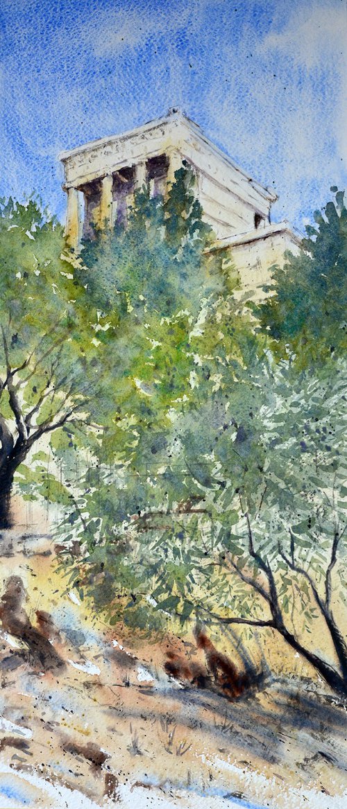 Olive tree and Acropolis Athens Greece 23x54cm 2022 by Nenad Kojić watercolorist