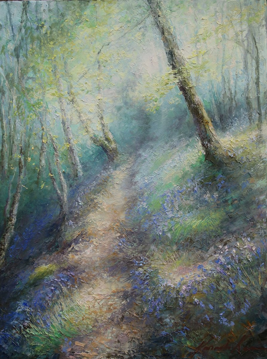 Hazy First light on bluebell wood. West Yorkshire by Hannah Kerwin