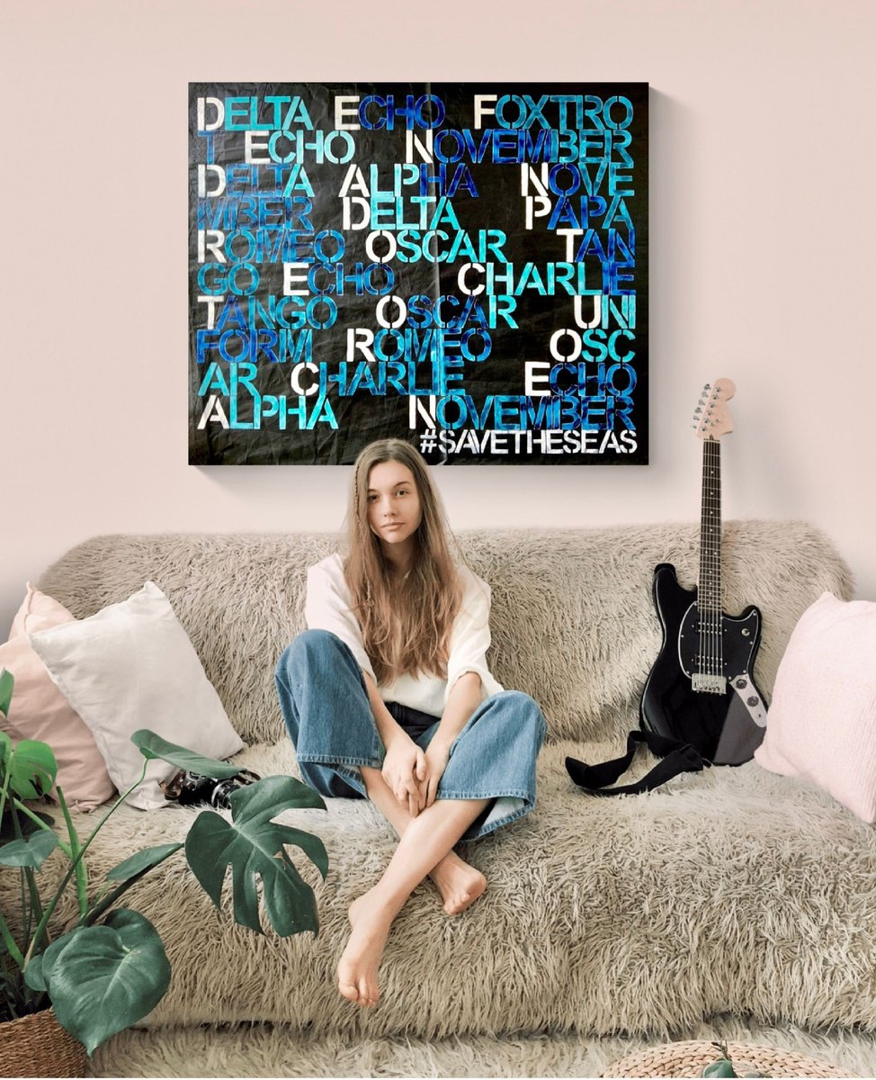 Typographic Landscape Acrylic Painting By Anita Kaufmann, 51 X 43, Save Our Oceans #5721, Original Artwork