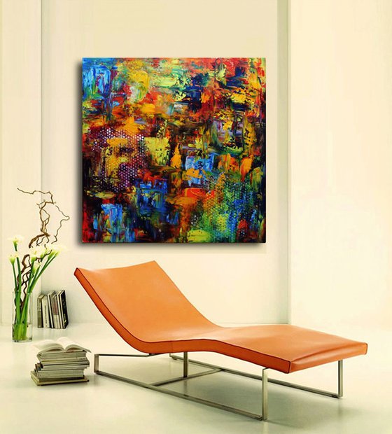 Abstract red blue yellow, sale was 445 USD now 195 USD.