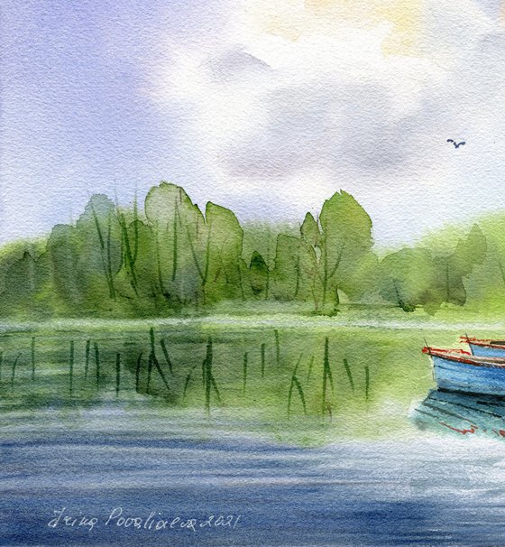 Under the clouds original watercolor medium size with two boats in the river, decor for living room