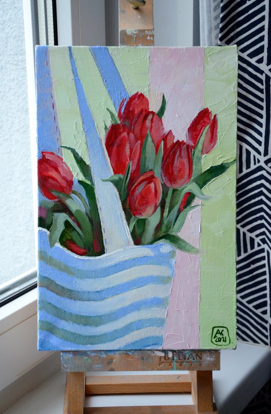 Red tulips in a bag