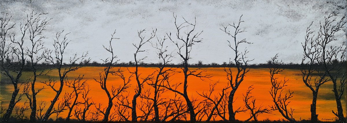 Impressionistic Landscape Acrylic Painting By Daniel Urbani?k, 31 X 12, Sun In The Lake 4, Original Artwork