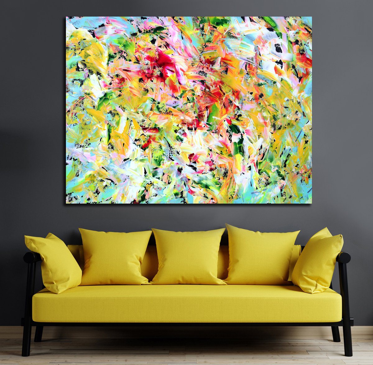 Organic Abstract Acrylic Painting By Estelle Asmodelle, 62 X 47, Tropical On Black, Original Artwork