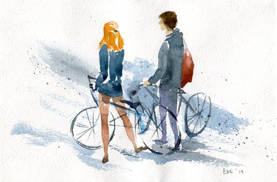 Set of 2 sketches with people with bicycles. Urban sketching. Original artwork.