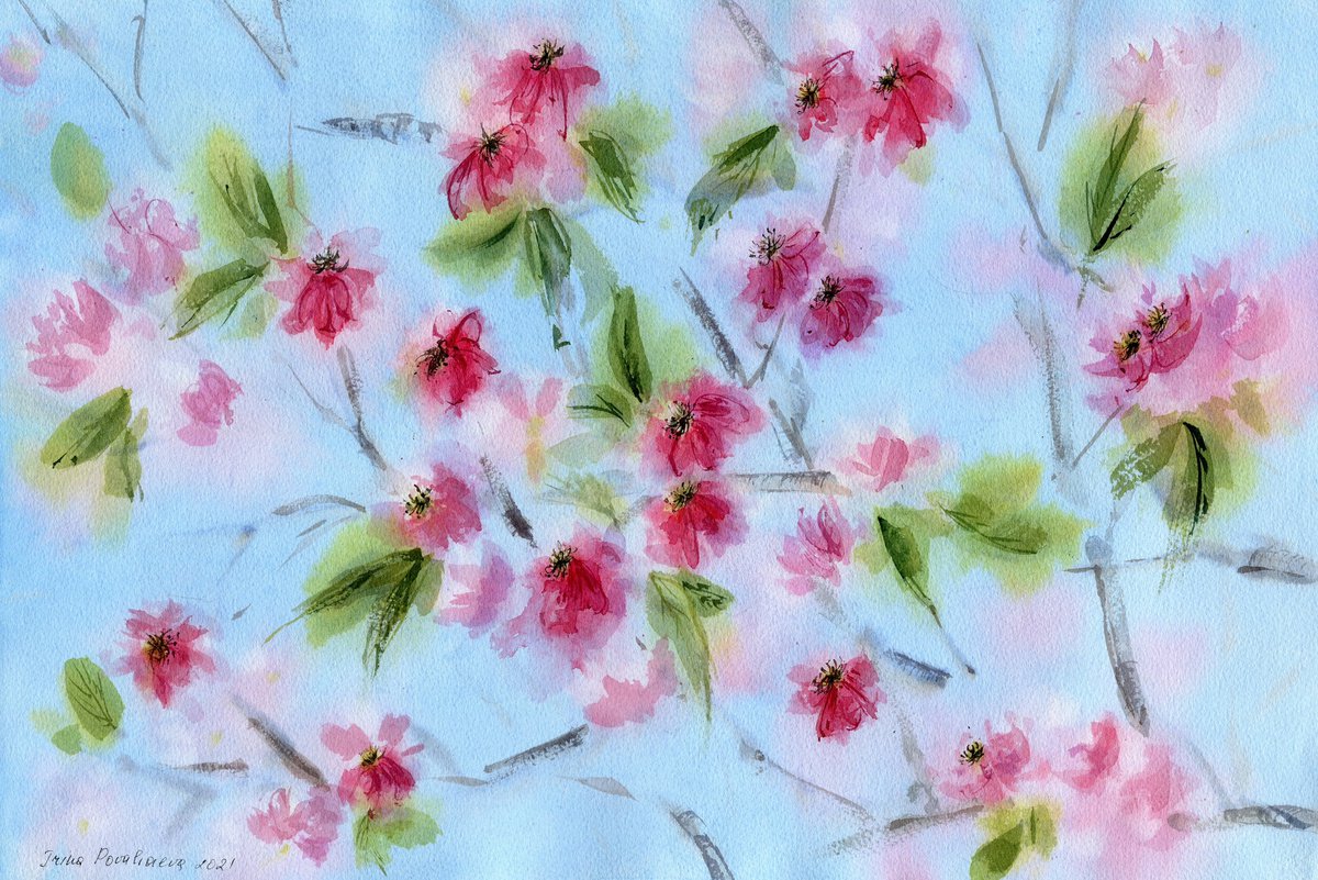 Sakura blossom original watercolor painting with pink flowers , floral wall art, gift idea... by Irina Povaliaeva