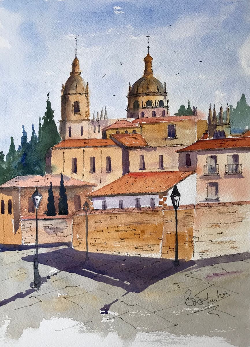 Photorealistic Cityscapes Watercolour By Brian Tucker, 10 X 14, Golden Hues Of Salamanca, Original Artwork