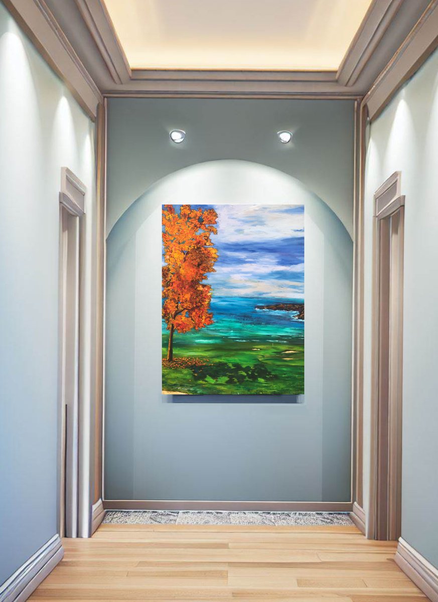 Impressionistic Landscape Oil Painting By Geeta Yerra, 35 X 47, Sky, Sea And Golf, Original Artwork