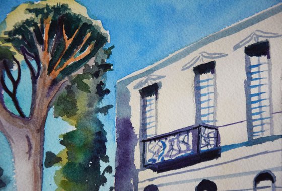 Tree original watercolor painting Spain landscape, coastal home decor