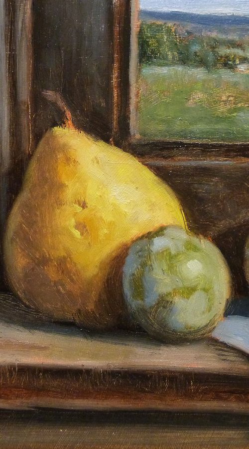 Plums and Pear by Pascal Giroud