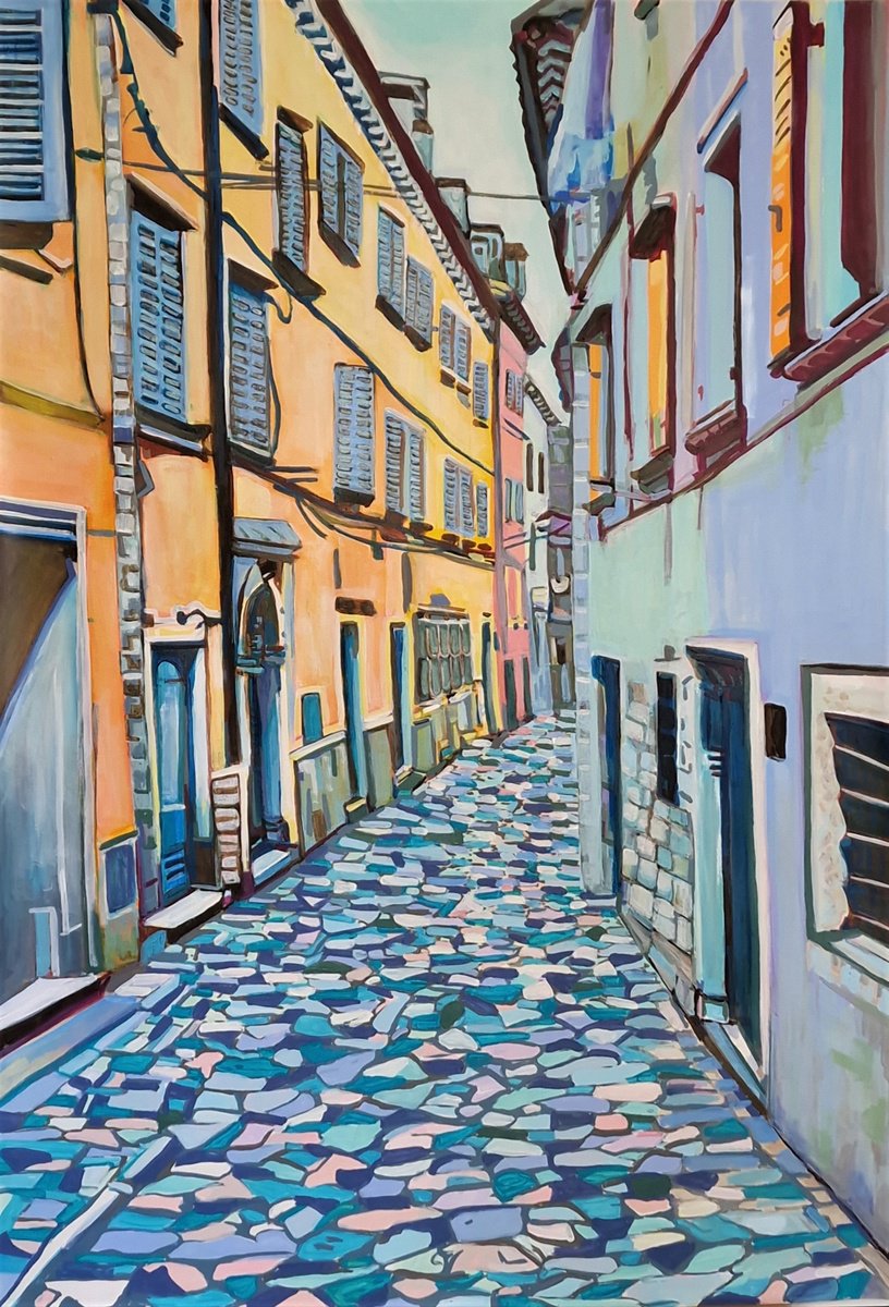 Urban And Pop Cityscapes Acrylic Painting By Alexandra Djokic, 28 X 39, Mediterranean Street, Original Artwork