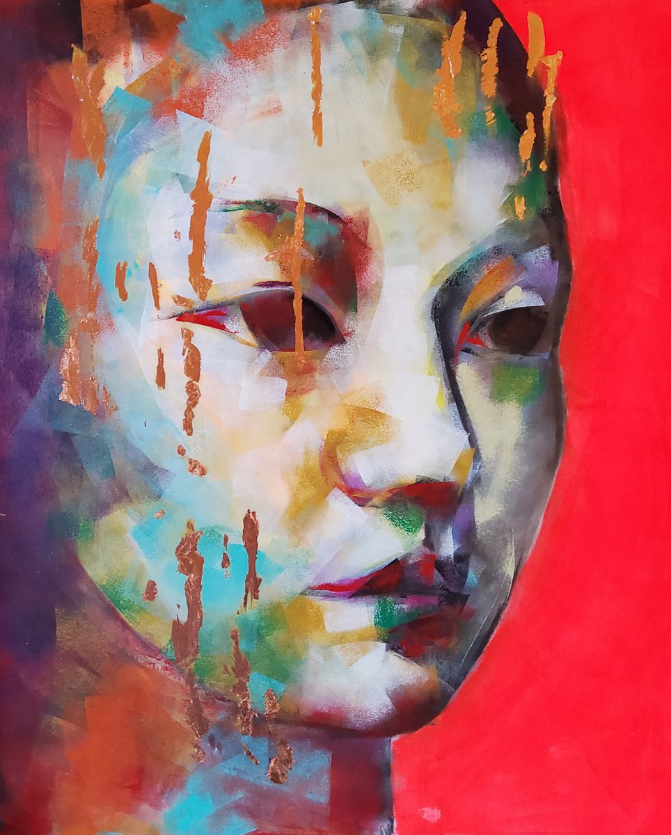 Expressive Portrait Acrylic Painting By Marina Del Pozo, 32 X 39", Tiempo, Original Artwork