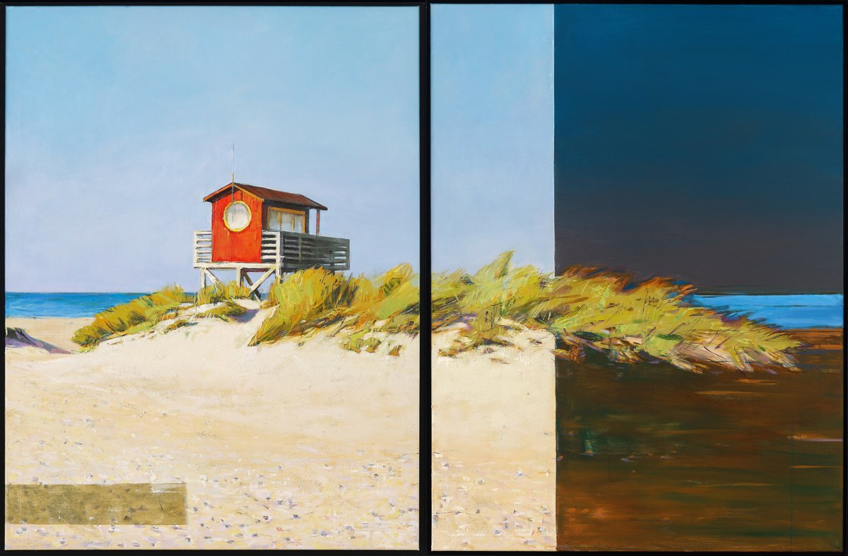 Red Lifeguard Tower Diptych by Bo Kravchenko