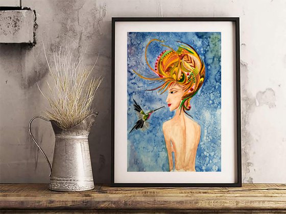 Female Painting Portrait Original Art Abstract Woman Portrait Hummingbird Watercolor Lady with Bird Artwork Home Wall Art 12 by 17" by Halyna Kirichenko