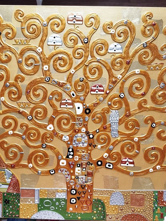 Tree of life Gustav Klimt. Large relief golden horizontal painting