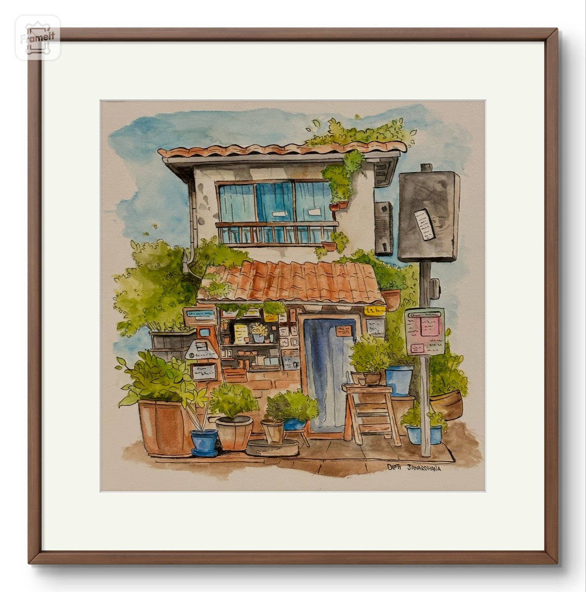 Illustrative Cityscapes Watercolour By Dipti Janardhana, 8 X 8, Tea Shop, Original Artwork