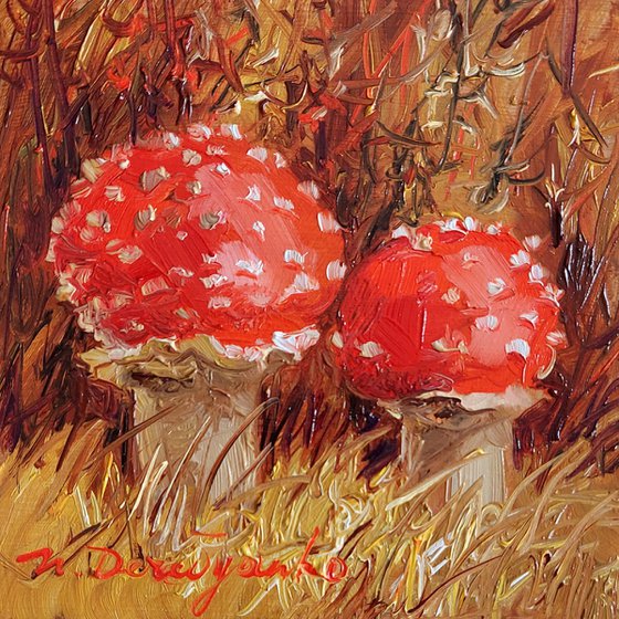 Fly agaric artwork two red mushroom oil painting original 4x4 small framed art, Thank you gift