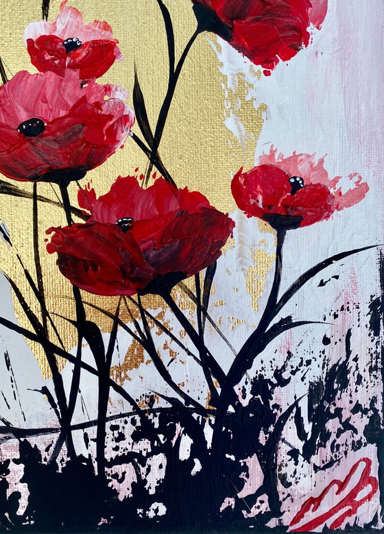 Red Poppies on Gold Leaf against a Pink Sky