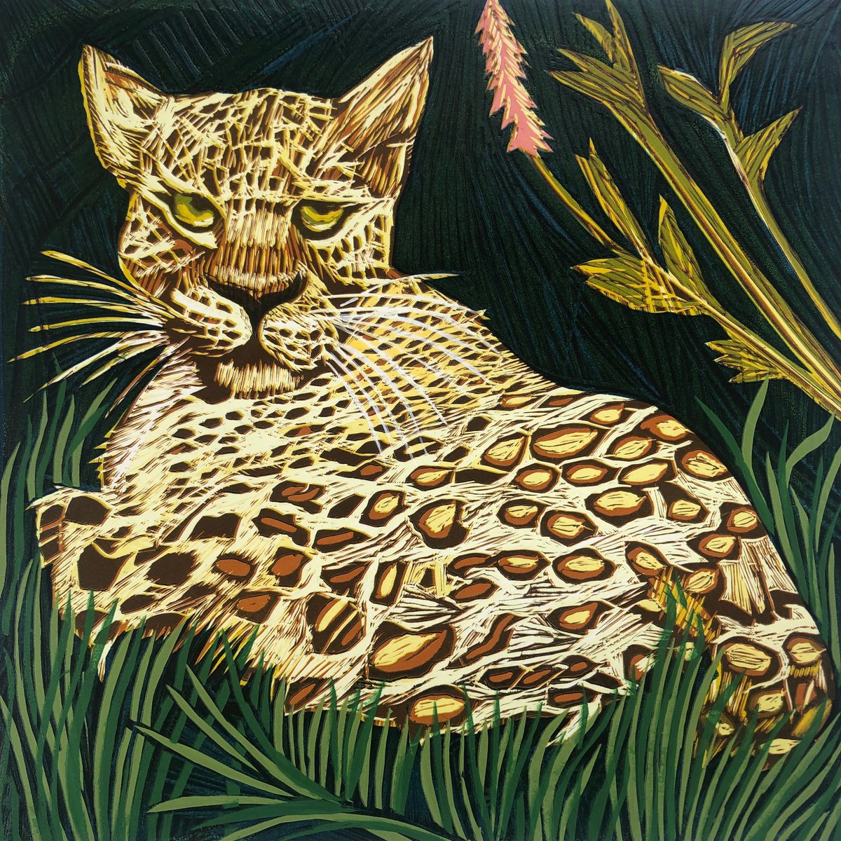 Illustrative Animal Linocut By Marian Carter, 15 X 15", Leopard, Masai Mara, Original Artwork