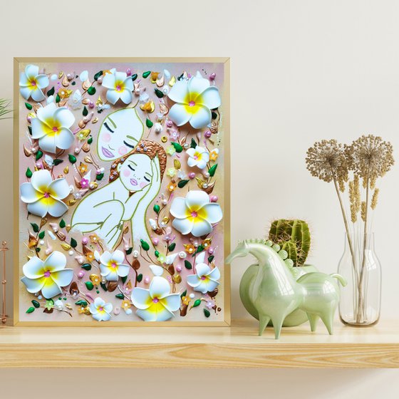 Mother Earth and baby girl. Summer floral woman with white flowers