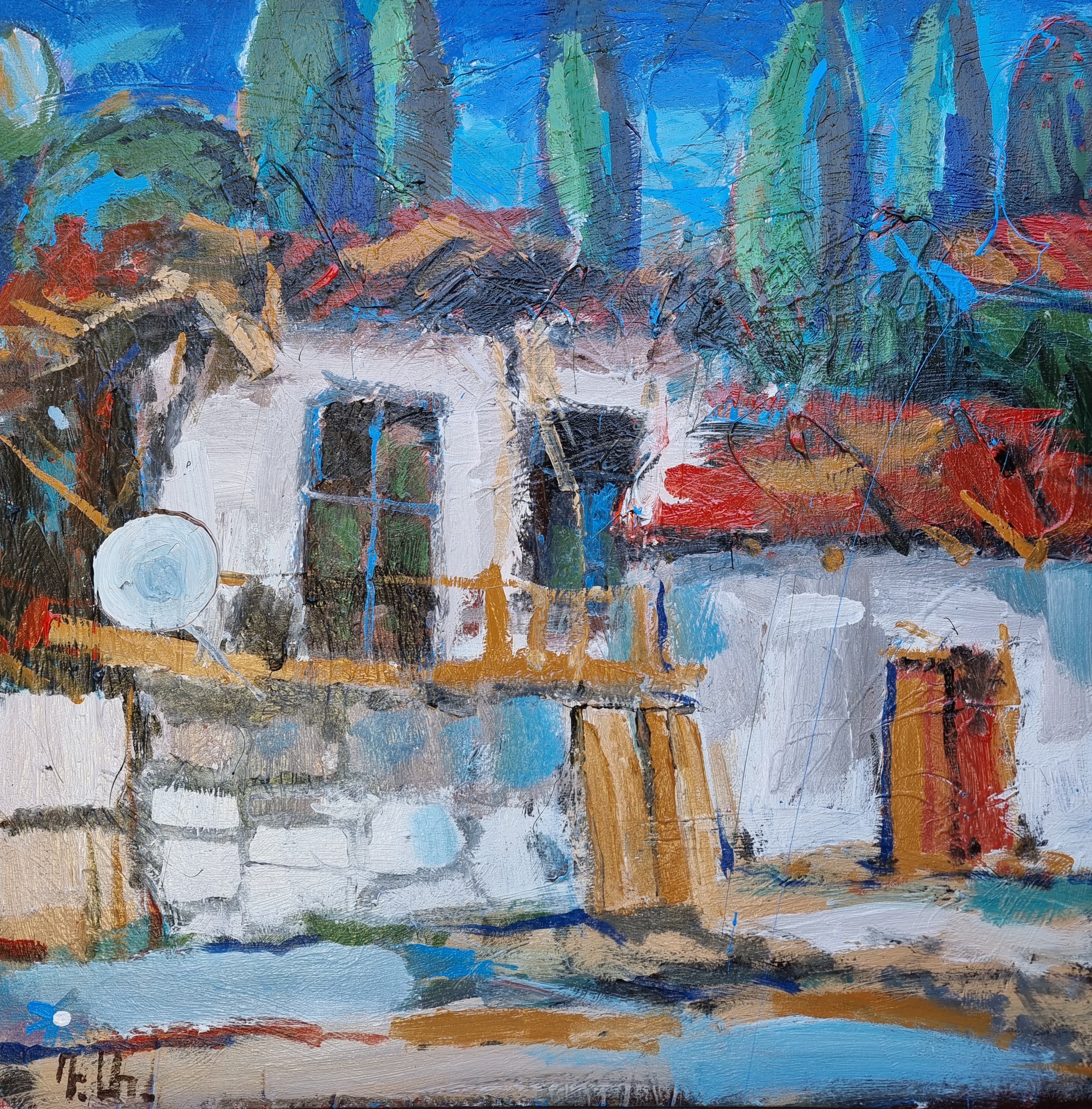 Impressionistic Landscape Acrylic Painting By Davit Arstamyan, 31 X 31, Ruin Houses, Original Artwork