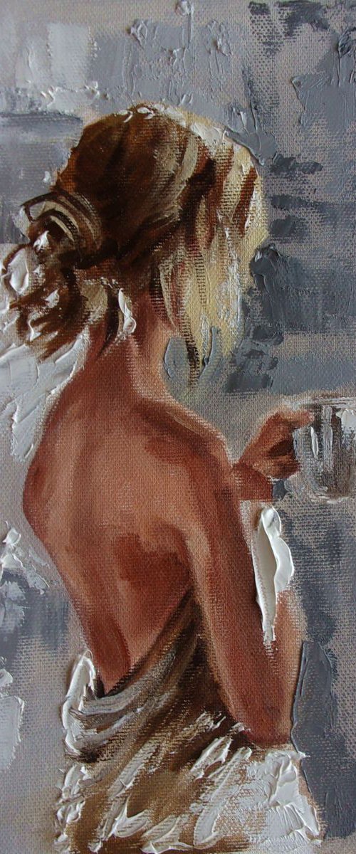 " COFFEE ... " original painting Summer window spring palette knife GIFT by Monika Luniak