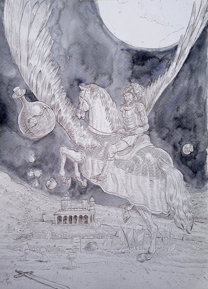 Illustrative Portrait Ink Drawing By Paolo Beneforti, 9 X 13", Astolfo On The Moon, Original Artwork