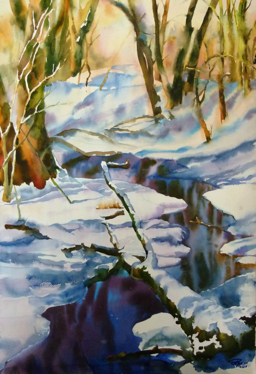 Impressionistic Landscape Watercolour By Yurii Pashkov, 22 X 31", Forest Stream, Original Artwork