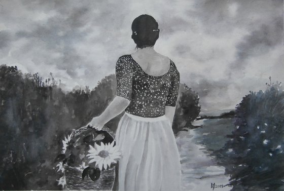 A WOMAN WITH FLOWERS / 40 x 27.5 cm