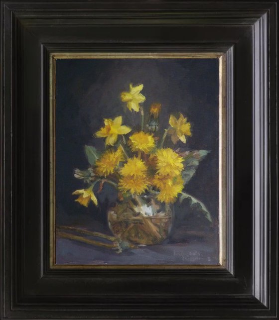 Still life with daffodils and dandelions
