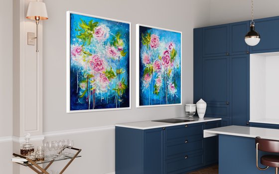 “Deep love” Acrylic Pink Roses Abstract Diptych Painting Beautiful Floral Artwork in Pink and Blue