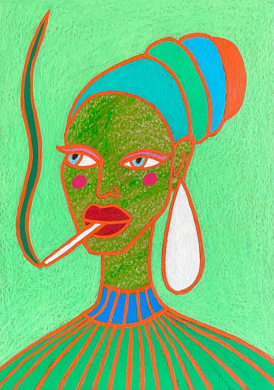 Green lady with pearl earring