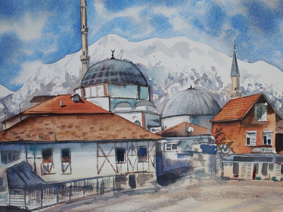Turkish village in the mountains - landscape original watercolor