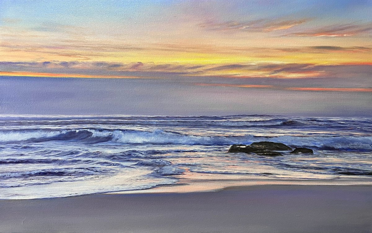 Photorealistic Landscape Oil Painting By Aflatun Israilov, 43 X 28, Ocean Sunset At The Beach, Original Artwork
