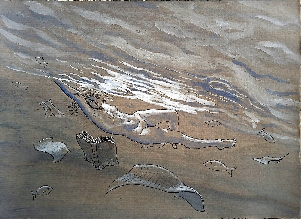 Illustrative Portrait Ink Drawing By Paolo Beneforti, 13 X 10", Underwater Reading, Original Artwork