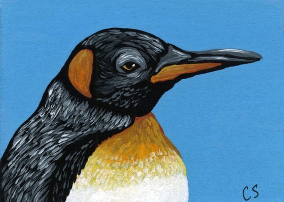 ACEO ATC Original Painting King Penguin Bird Wildlife Art-Carla Smale