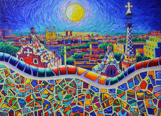 COLORFUL BARCELONA PARK GUELL MAGIC NIGHT BY MOON abstract city nightscape textural impasto palette knife oil painting by Ana Maria Edulescu