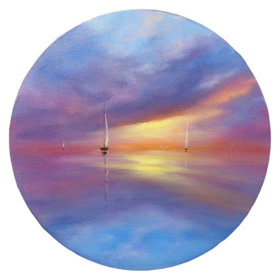 Purple Sunset Painting - Seascape Art Sailboat Original Artwork Nautical Wall Art Original Oil Painting Round Canvas 12" by 12"