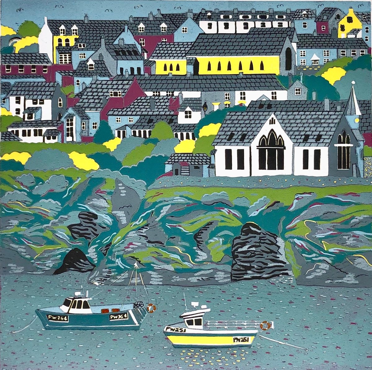 Illustrative Landscape Linocut By Nathalie Pymm Art, 12 X 12", The Old Schoolhouse, Original Artwork