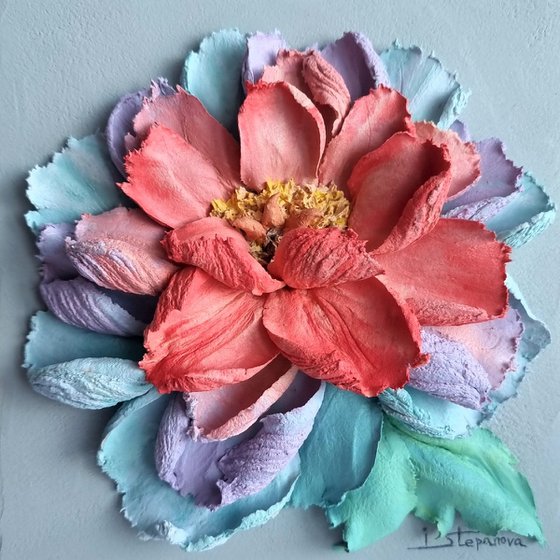 Flower panel rainbow peony 2. Small ceramic sculpture 3d flower with red and blue petals. Colourful peony botanical relief  - Xmas gift